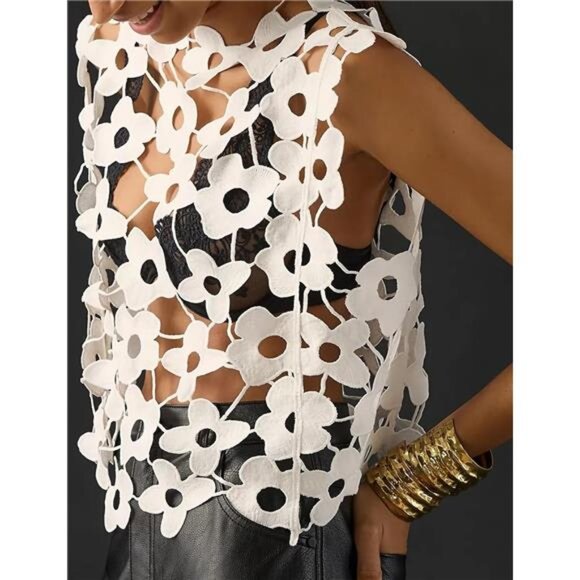 Women's Hollow Out Floral Lace Vest Sleeveless Crewneck Crochet Cover - Picture 2 of 6